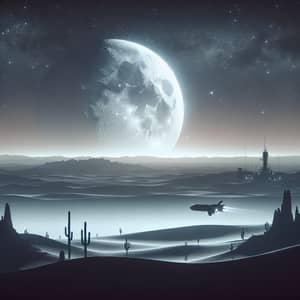 Moonlit Night Landscape with Spaceship Launching | Tranquil Scene