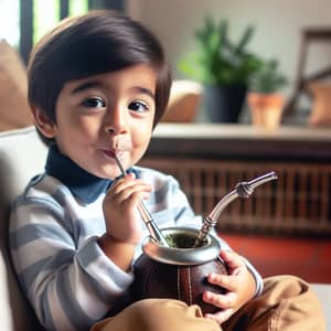 South Asian Boy Enjoying Yerba Mate with Traditional Gourd and Bombilla