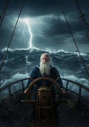 Old Bearded Sailor Amidst Stormy Seas