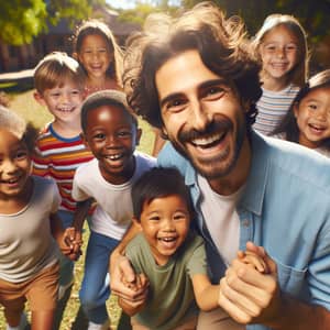 Jesús Playing with Diverse Children in a Sunny Park