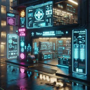 Futuristic Cyberpunk Plumbing Store | Tech Tools & Neon Glow