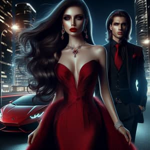 Luxurious Night City Scene with Woman in Red Dress and Handsome Man