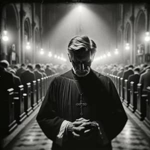 Solemn Priest in Dimly Lit Church | Spiritual Documentary Photography