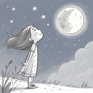 Cute Girl Admiring the Moon Sketch