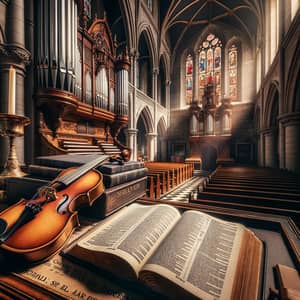 Historic Church Interior with Bible, Organ, and Violin