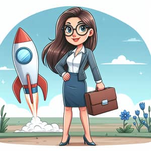 Whimsical Cartoon Illustration of Confident Businesswoman Launching Rocket