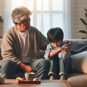 Empathetic Asian Father Comforting Upset Son on Sofa