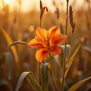 Vibrant Flower in Sunset Cornfields – Macro Photography