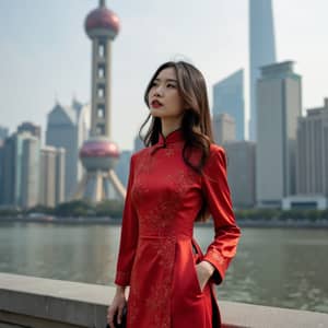 Chic Model in Qipao Against Shanghai Skyline