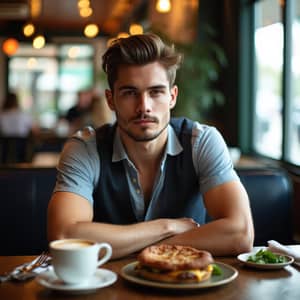 Stylish Male Model Dining at a Trendy Restaurant