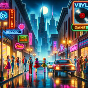 Vibrant Retro 80s Street Scene: Neon Signage, Vinyl Records & Arcade Games