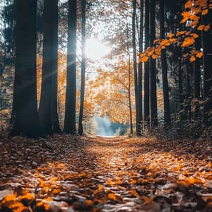 Scenic Autumn Forest Path with Sunlit Leaves