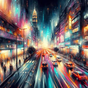 Vibrant City Night Oil Painting | Urban Nightlife Energy Capture