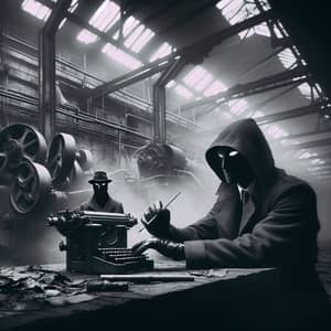 Mysterious Masked Figure in Abandoned Industrial Setting - Noir Thriller