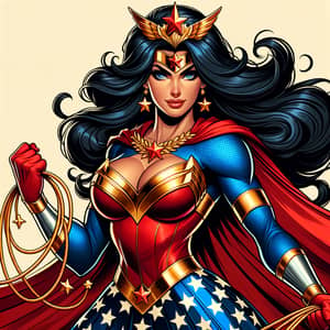 Powerful Superheroine with Dark Hair in Red & Blue Costume