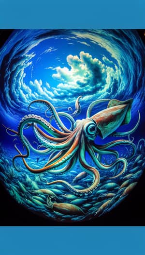 Enormous Squid in Vibrant Underwater Scene