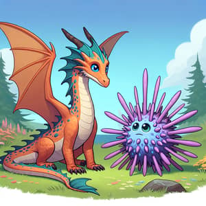 Orange Dragon and Aquatic Sea Urchin Creature in Grass Field