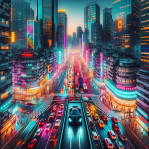 Dynamic Cityscape at Dusk with Neon Lights & Sports Car