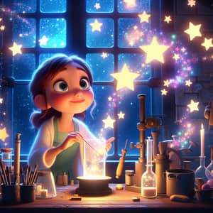 Pixar-Style Girl in Magical Laboratory Creating Stars