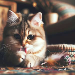 Lovable Domestic Cat on Rustic Rug with Playful Toys