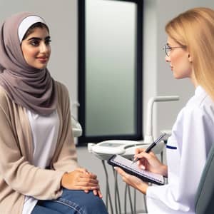 Female Interviewer with Caucasian Dentist in Dental Office Setting