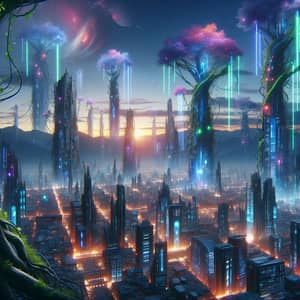 Fantasy Cyberpunk Elven City: Trees of Neon Lights