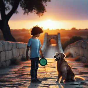 Hispanic Boy and Golden Retriever on Stone Bridge at Sunset