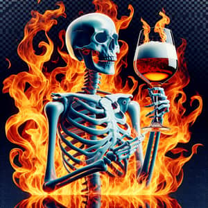 Eerie 3D Skeleton with Wine Glasses in Flames