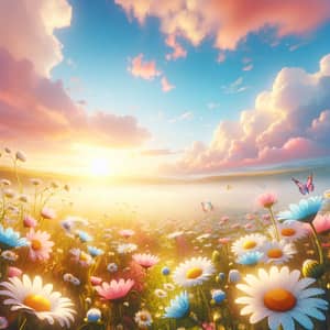 Optimistic Sunrise Over Daisies: Serene Nature Scene