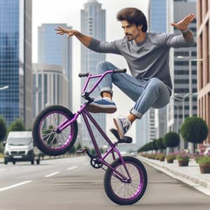 Hispanic Man Performing Wheelie on Purple Bicycle