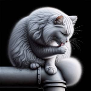 Beautiful White Fluffy Cat Grooming On Pipe