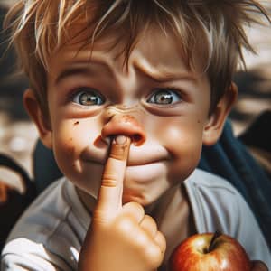 Young Caucasian Boy Picking Nose Outdoors - Playful Scene