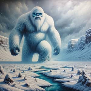 Yeti-Like Creature in Snow-Covered Landscape Oil Painting