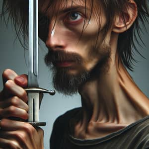 Skinny Unshaven Warrior with Sword - Ready for Battle