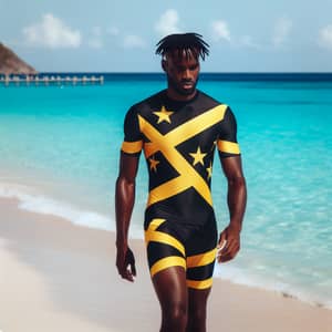 Black Man Wearing Kittitian Flag Outfit on Sandy Beach