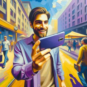 Vibrant City Scene: Animated Man Filming Social Networks Video