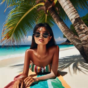 Tranquil South Asian Woman Sunbathing in Colorful Bikini