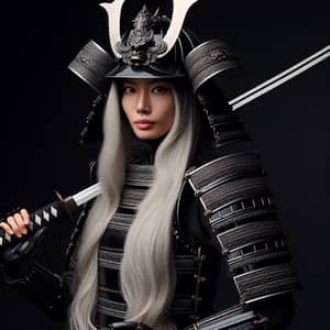 Japanese Samurai Woman in Detailed Black Armor with Katana