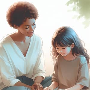 Mother-Daughter Bonding in Soft Pastel Watercolors