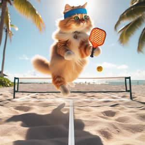 Fluffy Orange Cat Playing Pickleball on Sunny Beach