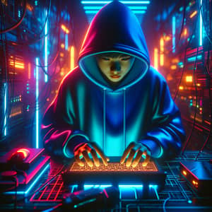 Futuristic Neon Concept Art: East Asian Boy Hacking in Blue Hoodie