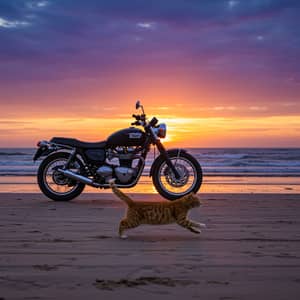 Cat Running Beside Motorcycle on the Beach