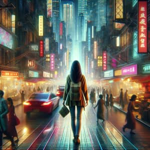 Asian Woman in Animated Metropolis | Urban Adventure