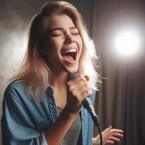 Joyful Singing: A Caucasian Girl with Blonde Hair