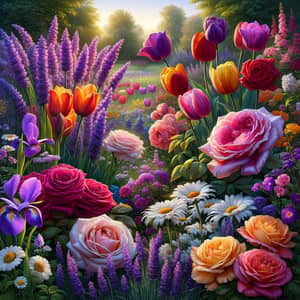 Vibrant Array of Flowers in a Tranquil Garden Scene