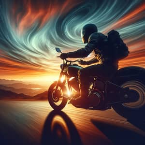 Adventure Motorcycle Riding into the Sunset Horizon