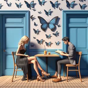 Blonde Girl in 3D Animation Style at Wall Mural with Butterflies