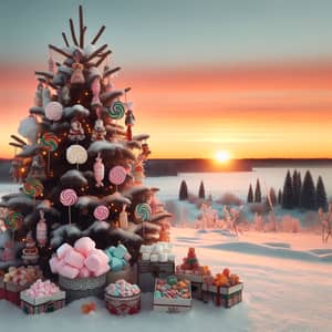 Winter Sunrise Over Snow-Covered Field with Decorated Spruce Tree