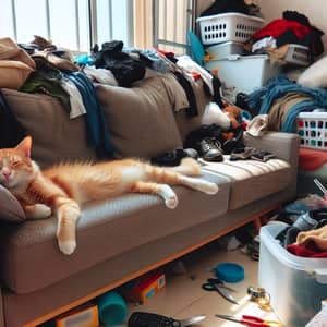 Relaxed Cat Lying on Sofa Amidst Chaos