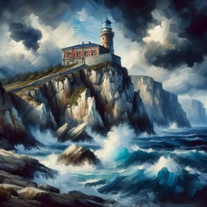 Dramatic Lighthouse Oil Painting on Rugged Cliff